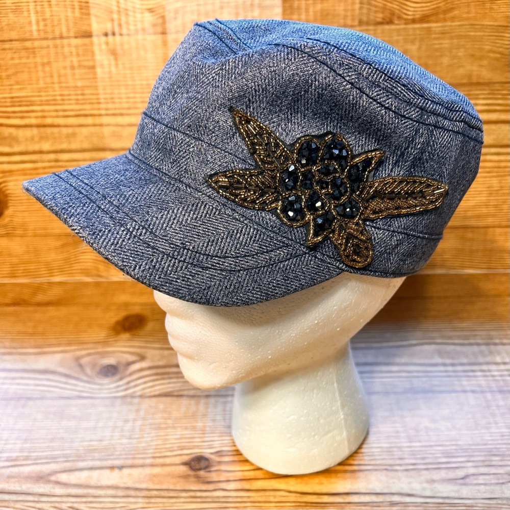 Cadet Hat Blue Denim Print with Gold Beaded Floral Embellishment Elastic Back
